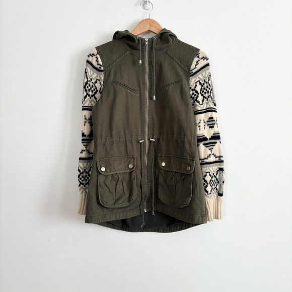 Fate Military Olive Cotton Jacket with Knitted Patterned Sleeves - Picture 2 of 13